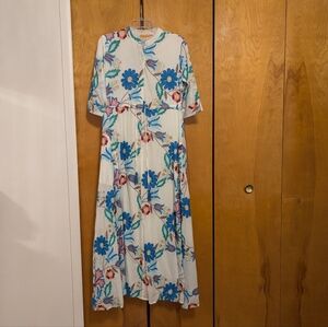 Oliphant White Dress with Blue and Green Embroidery